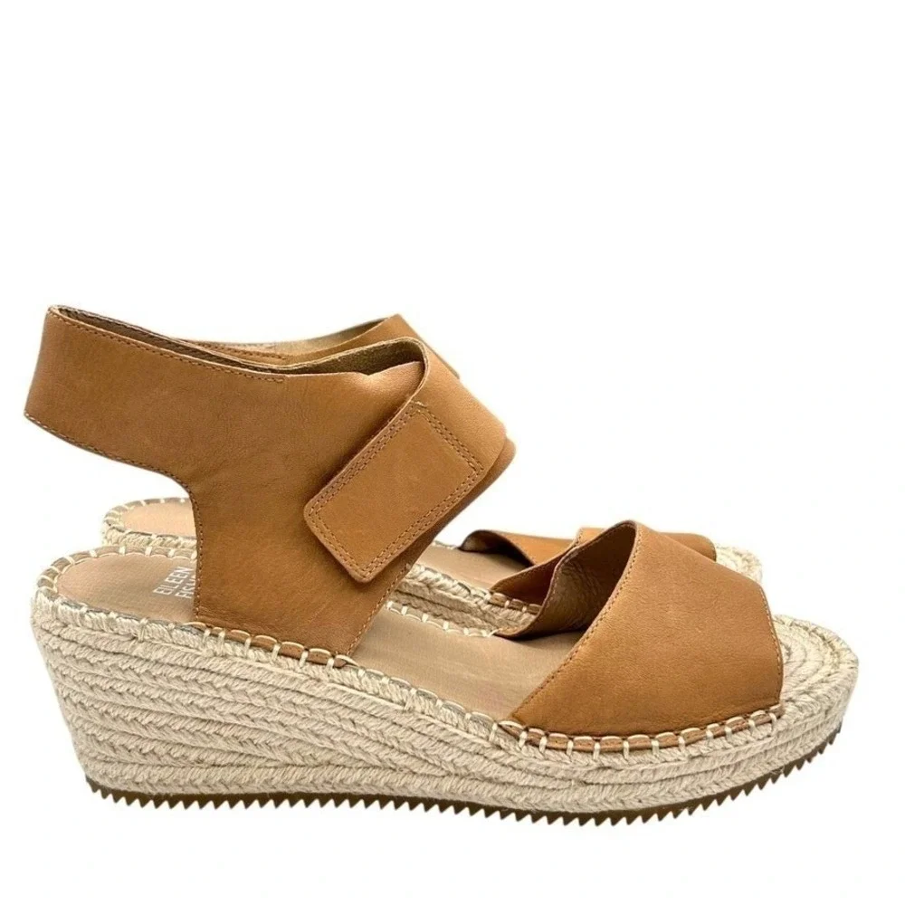 Eileen‎ Fisher Tan Leather Espadrille Wedge Sandals Ankle Strap Womens Size 11